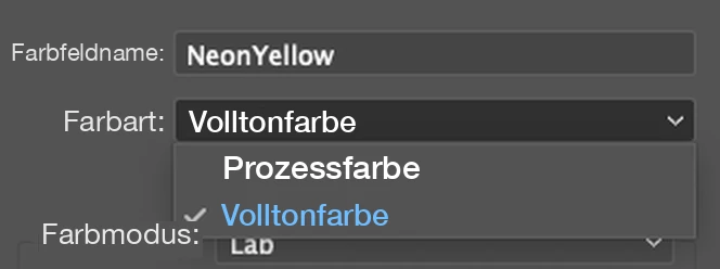 Illustrator-Dialog: Farbart-Auswahl mit Prozessfarbe und ausgewählter Volltonfarbe