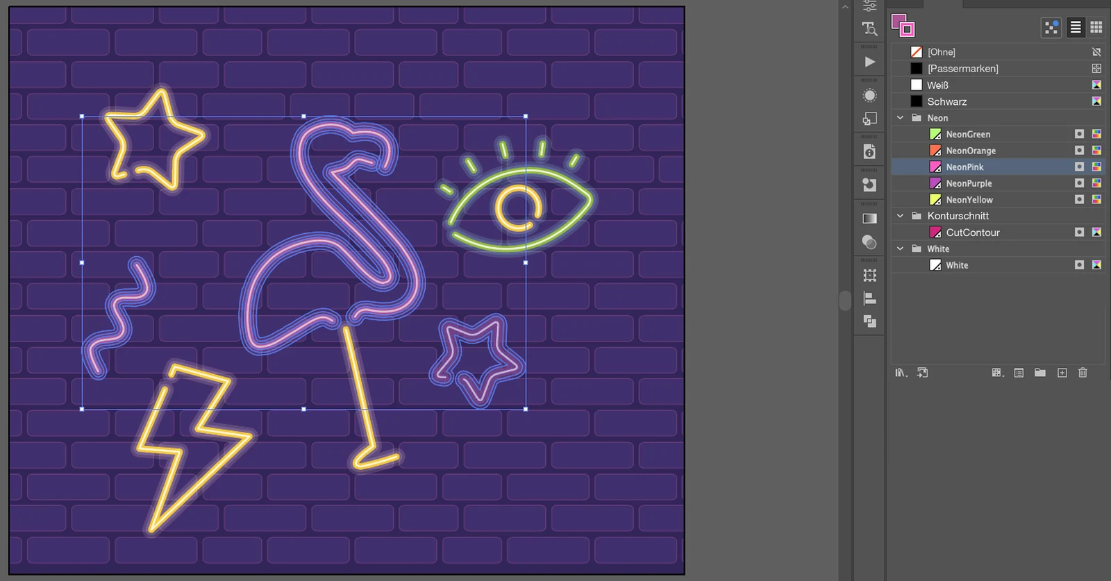 Illustrator mit Neon-Motiv (Flamingo, Sterne, Blitz, Auge) und Farbfelder-Bedienfeld mit den Gruppen Neon, Konturschnitt und White