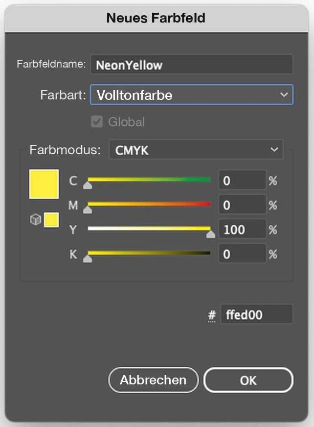 Illustrator-Dialog „Neues Farbfeld“ mit Farbfeldname NeonYellow und Farbart Volltonfarbe