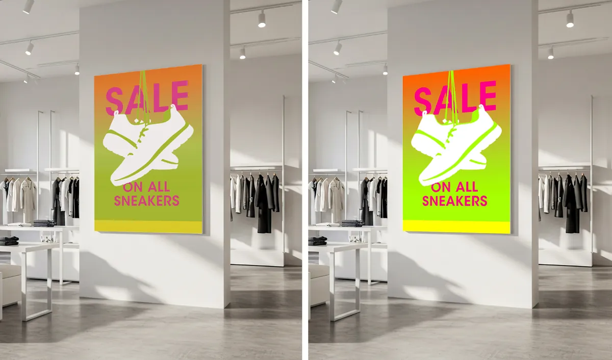 Dasselbe Sale-Poster im Laden zweimal nebeneinander: links ohne, rechts mit Neonfarben