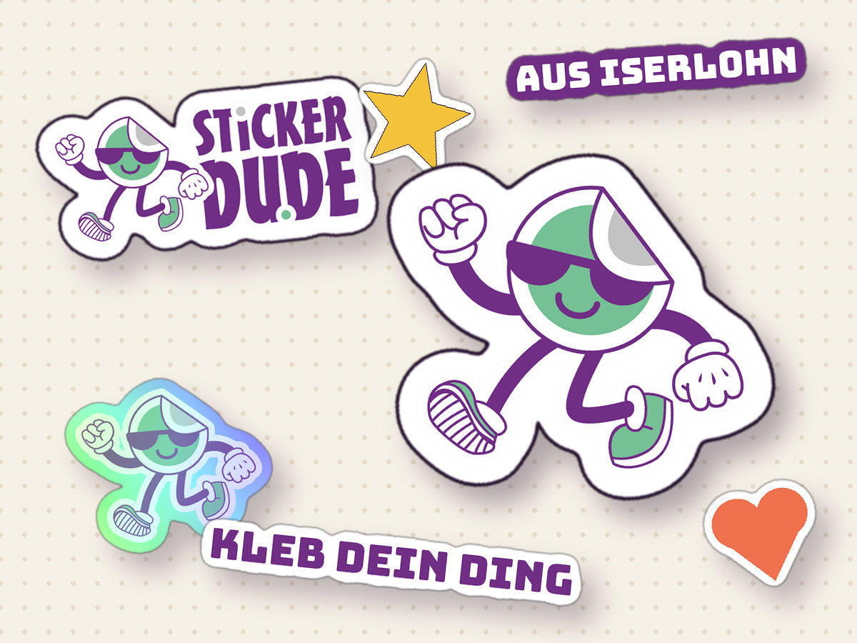 Sticker-Collage mit dem Sticker-Dude-Maskottchen: Die-Cut-, Holo- und Text-Sticker